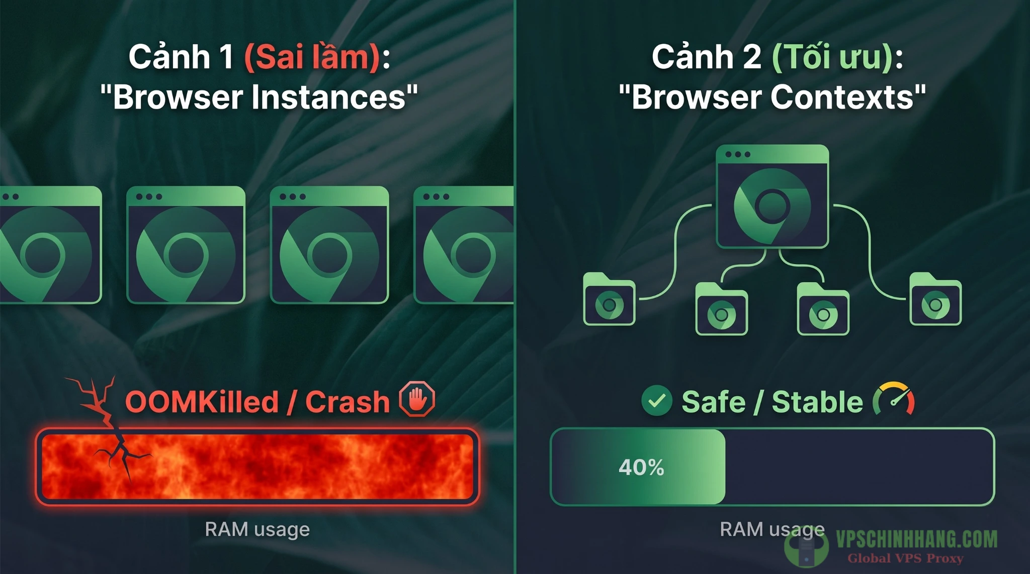 Cách tối ưu RAM trên VPS bằng việc sử dụng Browser Context thay cho Browser Instance để tránh lỗi OOMKilled.