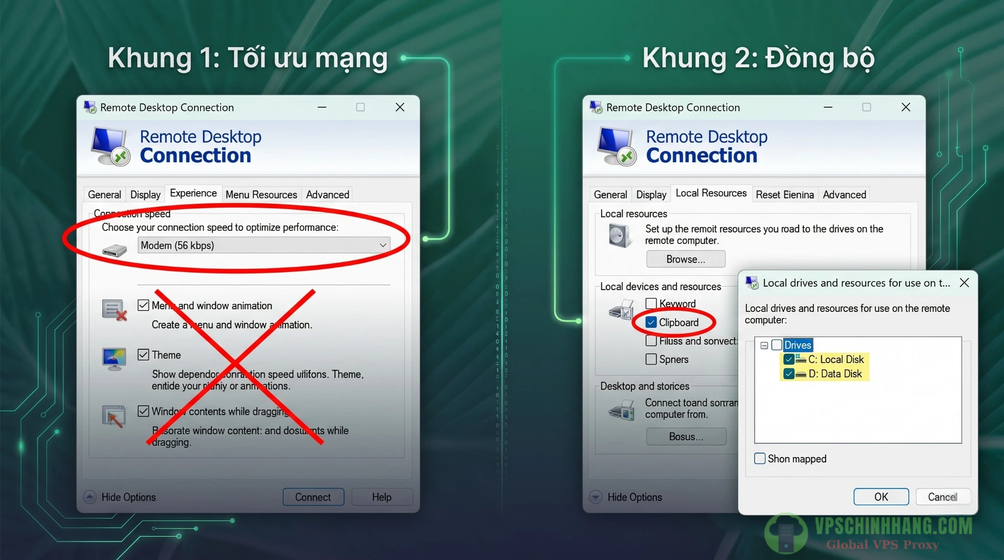 Hướng dẫn cấu hình tab Experience và Local Resources trong Remote Desktop Connection để giảm độ trễ.