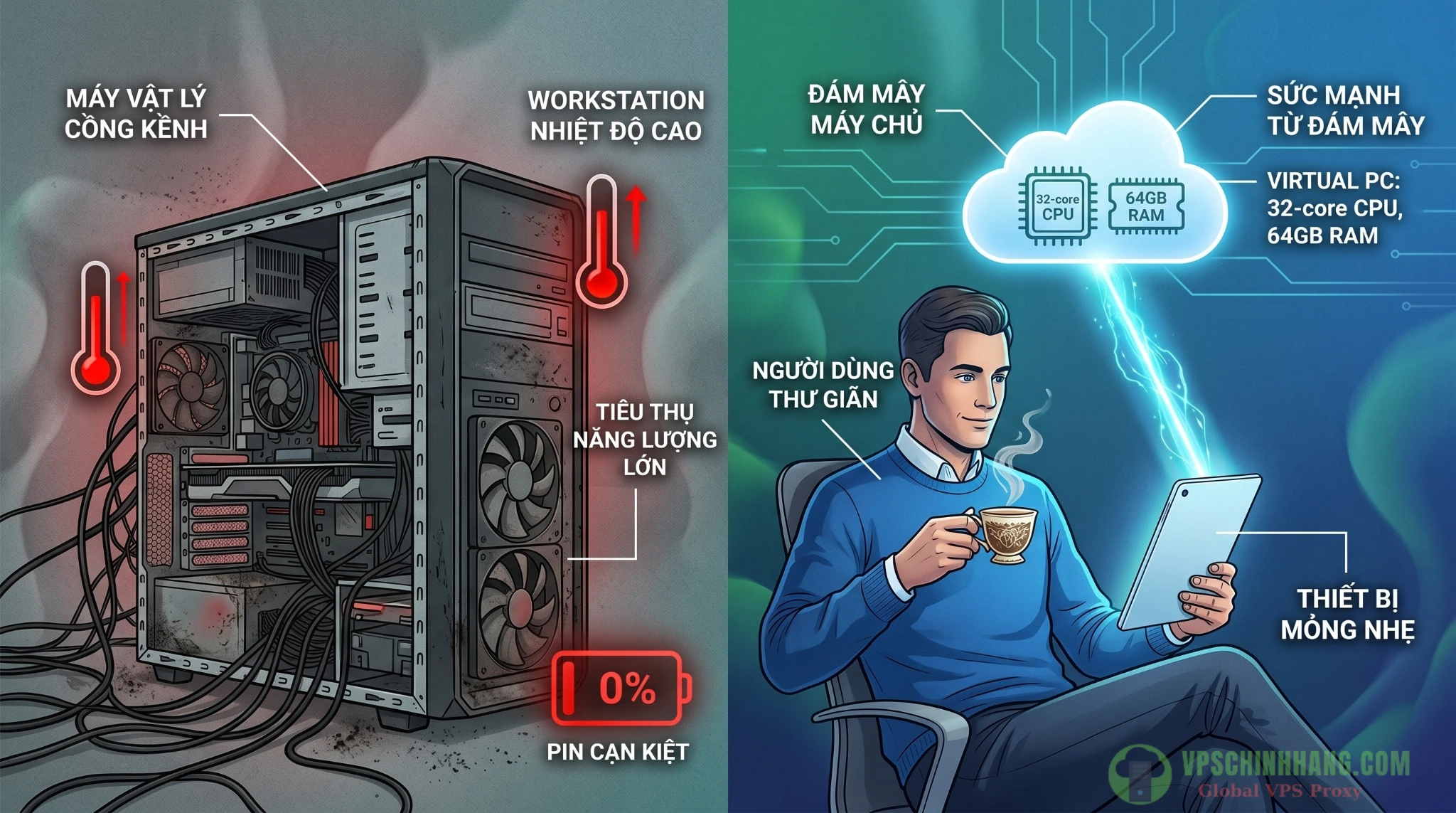So sánh không gian làm việc giữa PC truyền thống và giải pháp dùng VPS Windows làm máy trạm từ xa.
