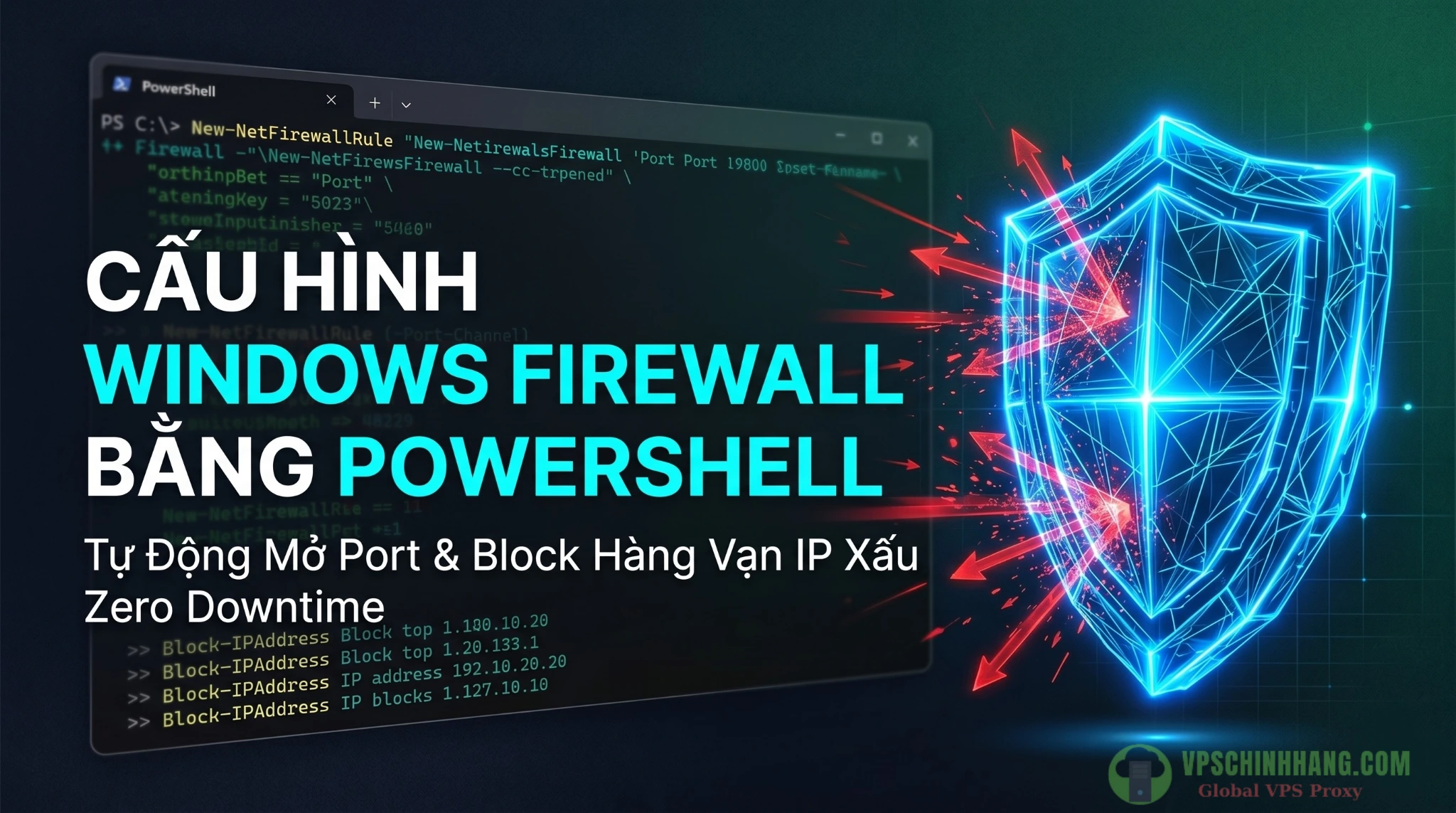 Hướng dẫn cấu hình windows firewall bằng powershell để mở port và block IP xấu hàng loạt.