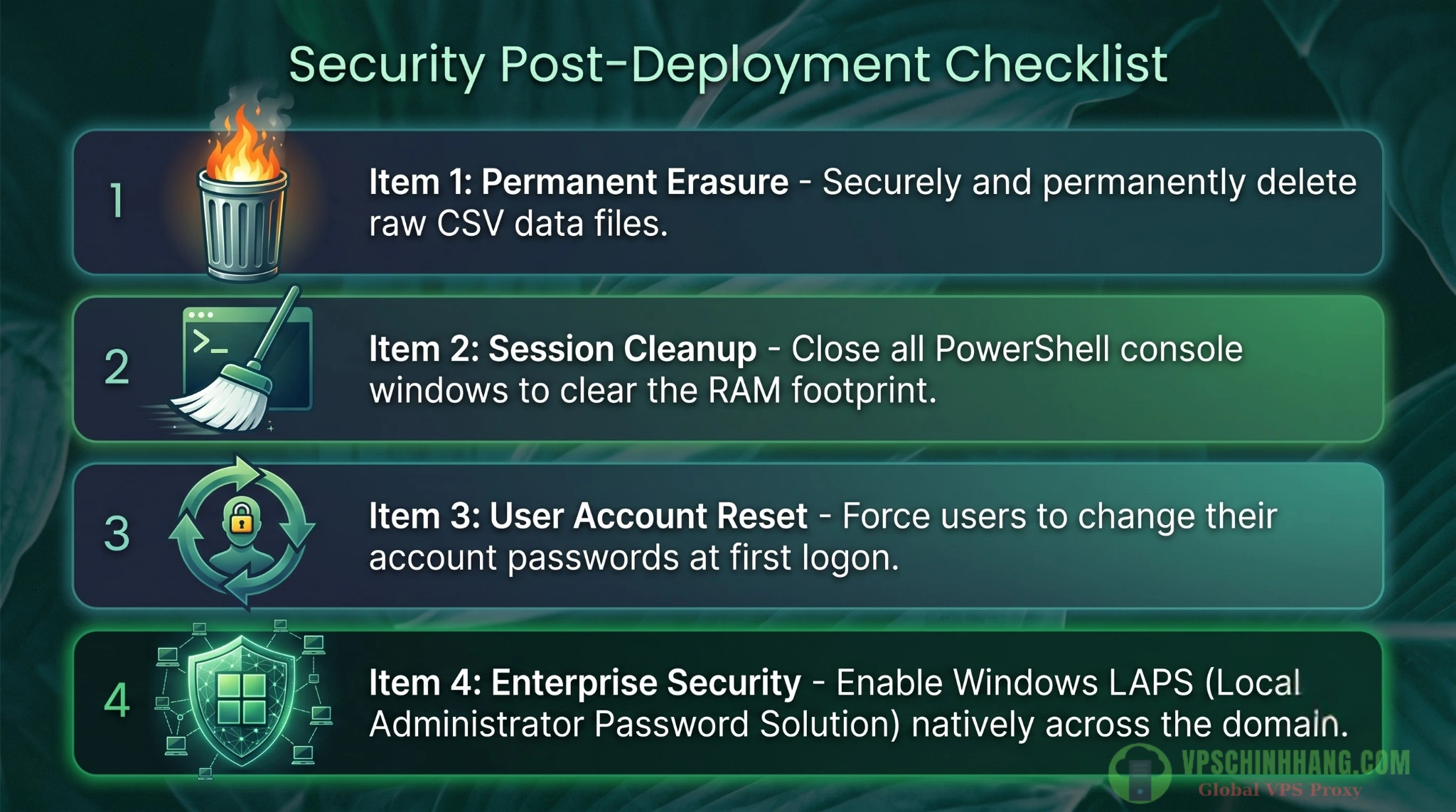 Danh sách 4 bước bắt buộc để dọn dẹp và bảo mật VPS Windows Server sau khi chạy script PowerShell tự động.