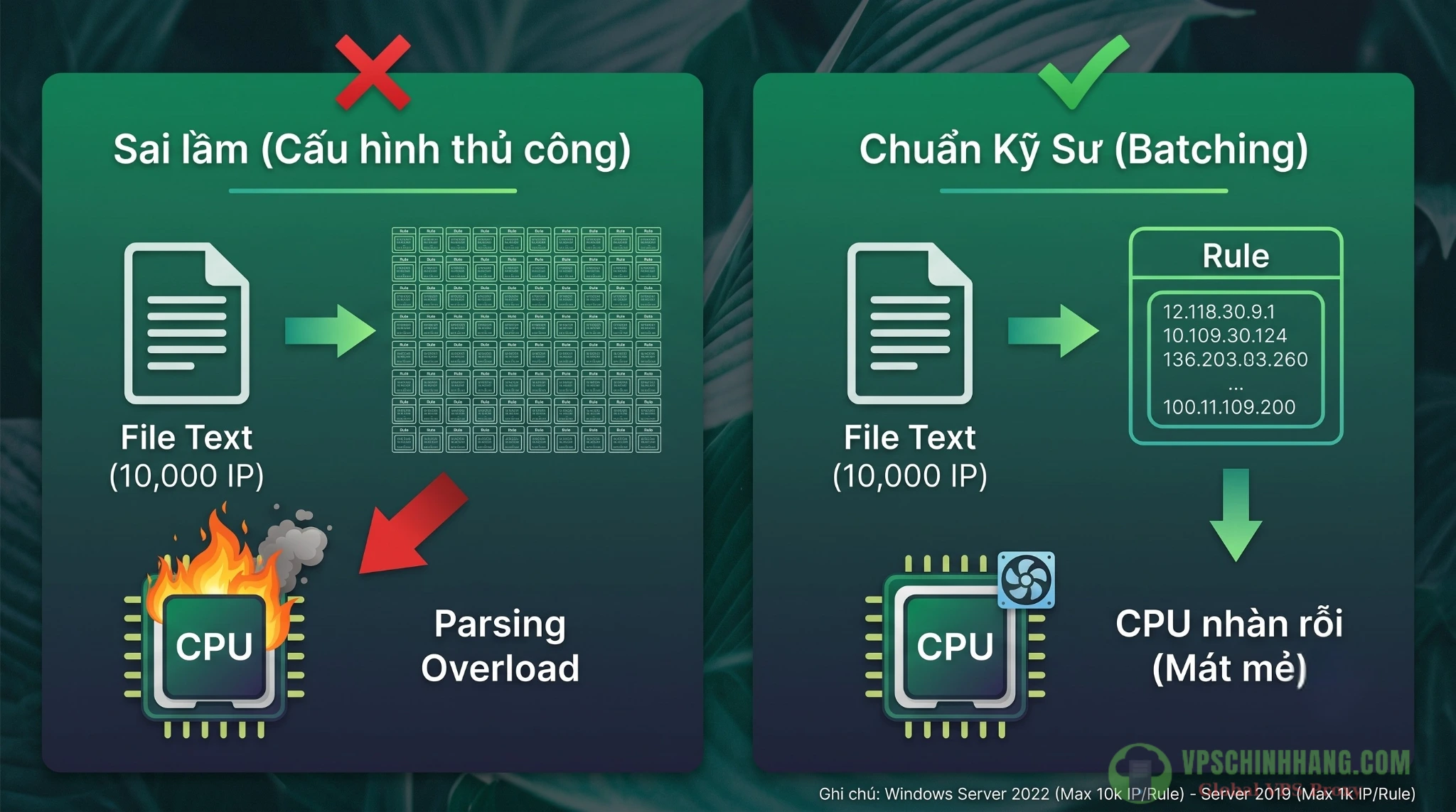 Kỹ thuật Batching gom nhóm hàng ngàn IP vào một rule duy nhất khi cấu hình Windows Firewall bằng PowerShell.