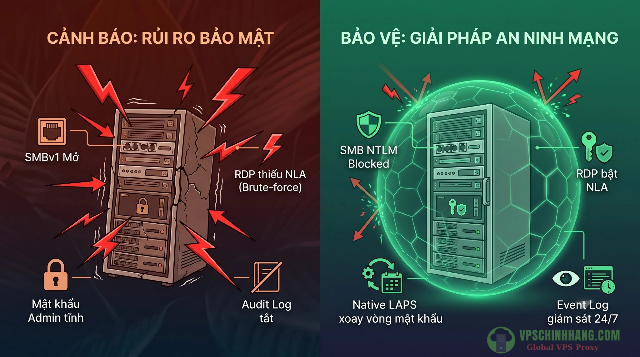 Infographic so sánh bề mặt tấn công của VPS Windows cấu hình mặc định và VPS đã được hardening bảo mật bằng script.