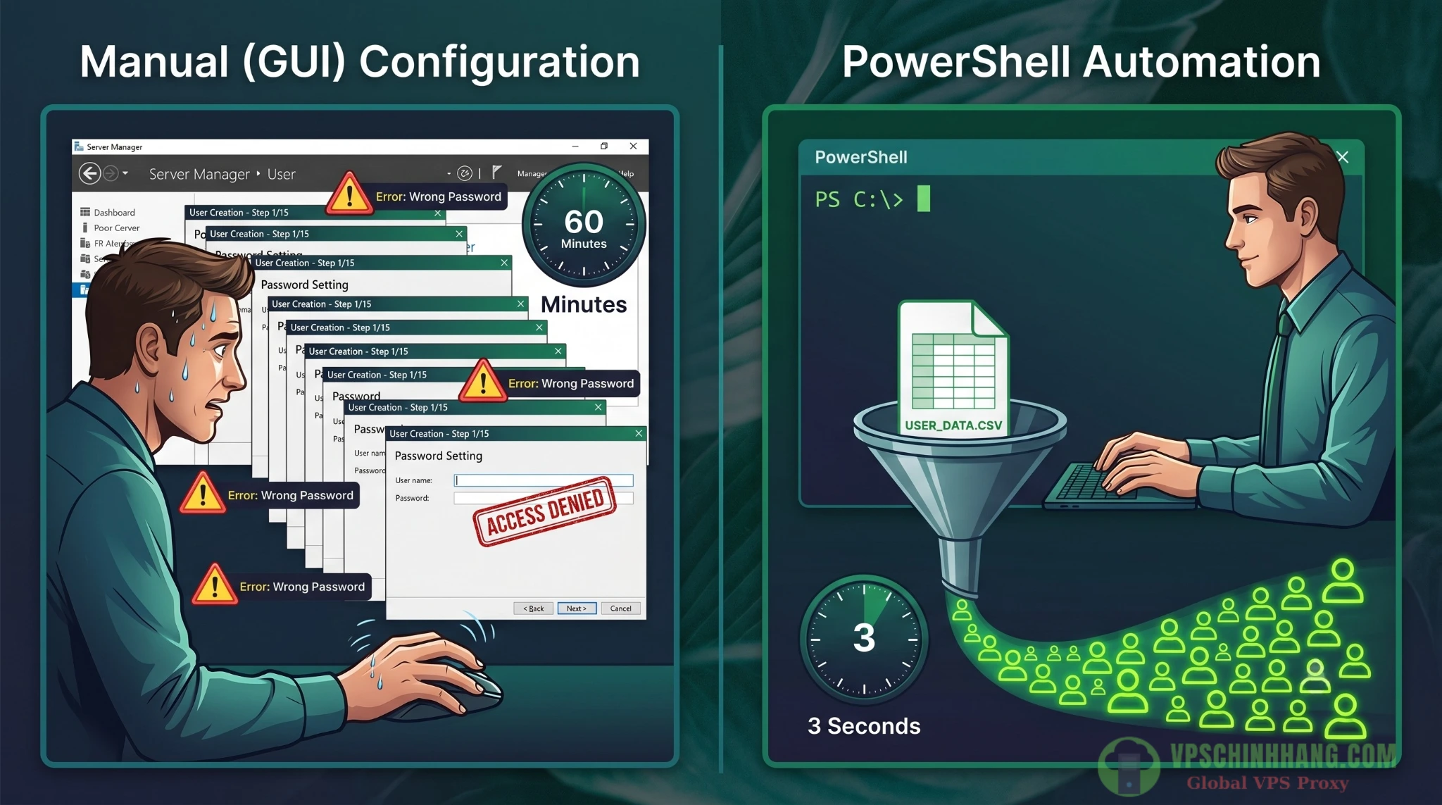 So sánh hiệu quả thời gian và rủi ro giữa việc tạo user Windows thủ công bằng giao diện GUI và tự động hóa hàng loạt bằng lệnh PowerShell.