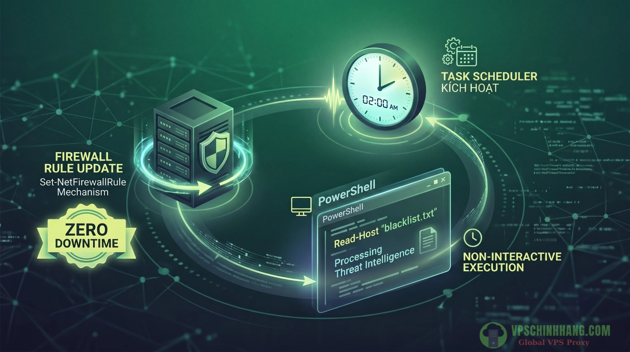 Quy trình tự động hóa cập nhật Blacklist IP và cấu hình Windows Firewall bằng Task Scheduler.