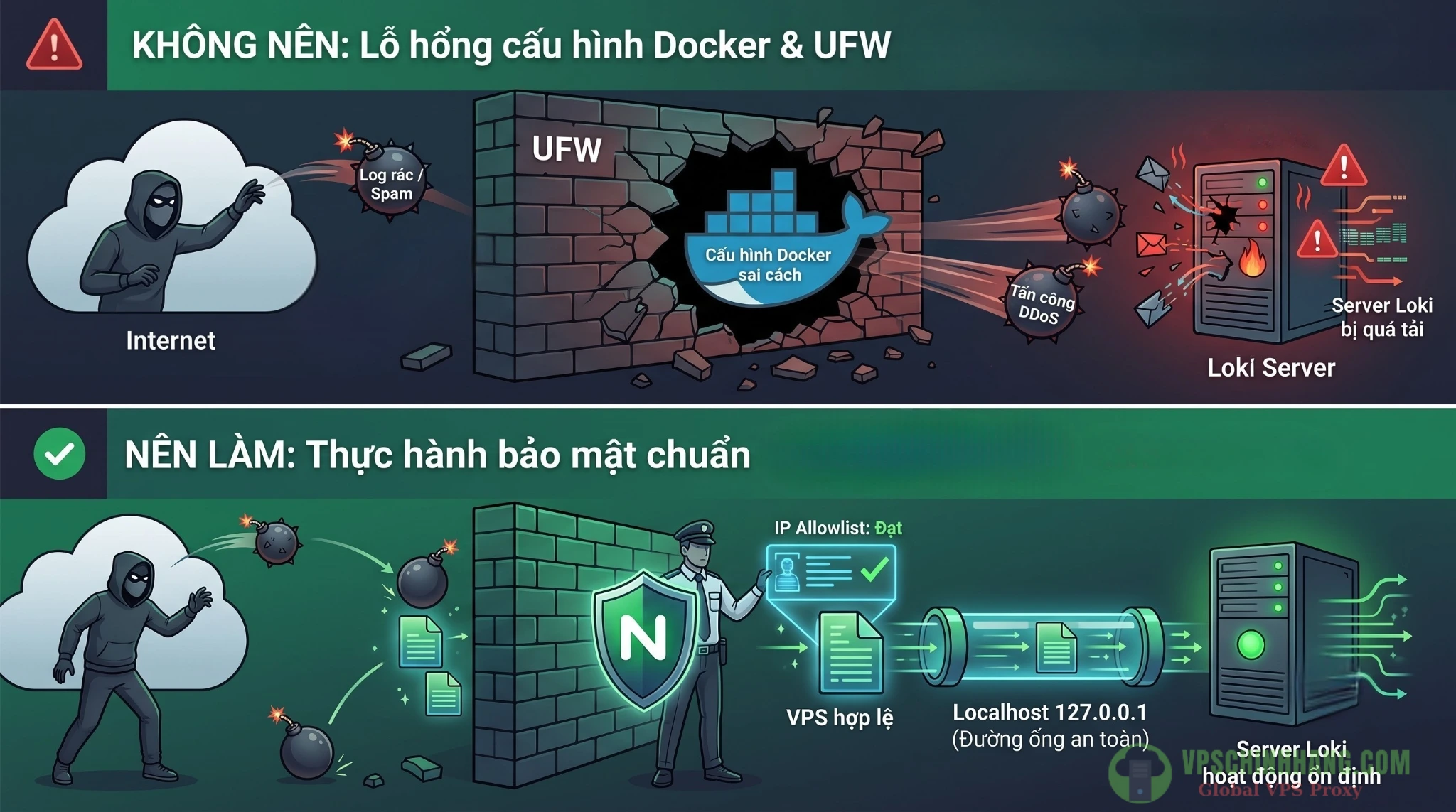 Mô phỏng cạm bẫy bảo mật khi Docker bypass tường lửa UFW và cách khắc phục bằng Nginx Reverse Proxy.