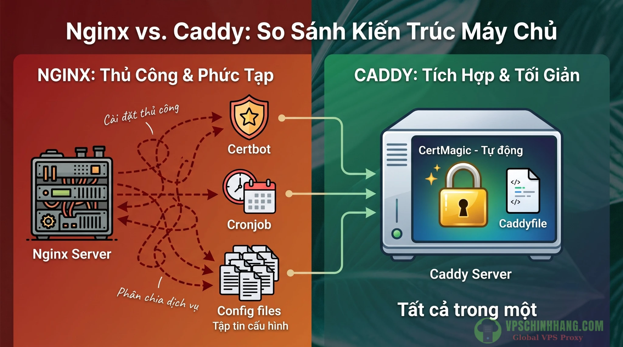 Sơ đồ so sánh kiến trúc tự động hóa SSL của Caddy Server và Nginx khi làm Reverse Proxy.