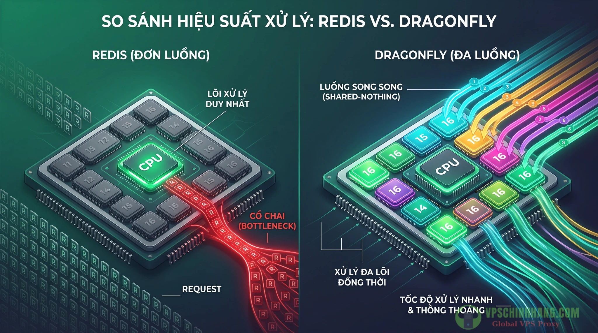 So sánh kiến trúc xử lý đơn luồng của Redis và đa luồng của Dragonfly DB trên VPS