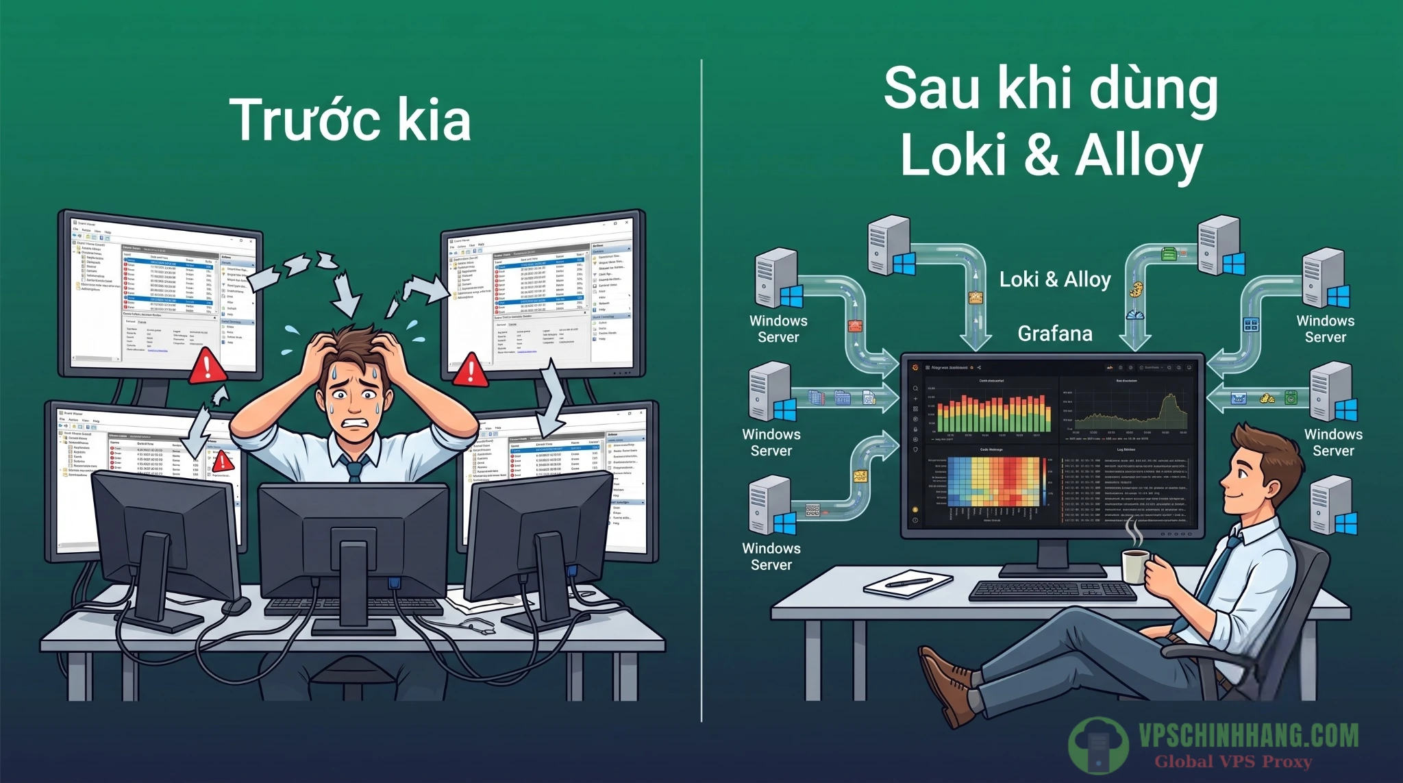 So sánh mô hình truy vết lỗi thủ công trên nhiều VPS và hệ thống quản lý log Windows Server tập trung.