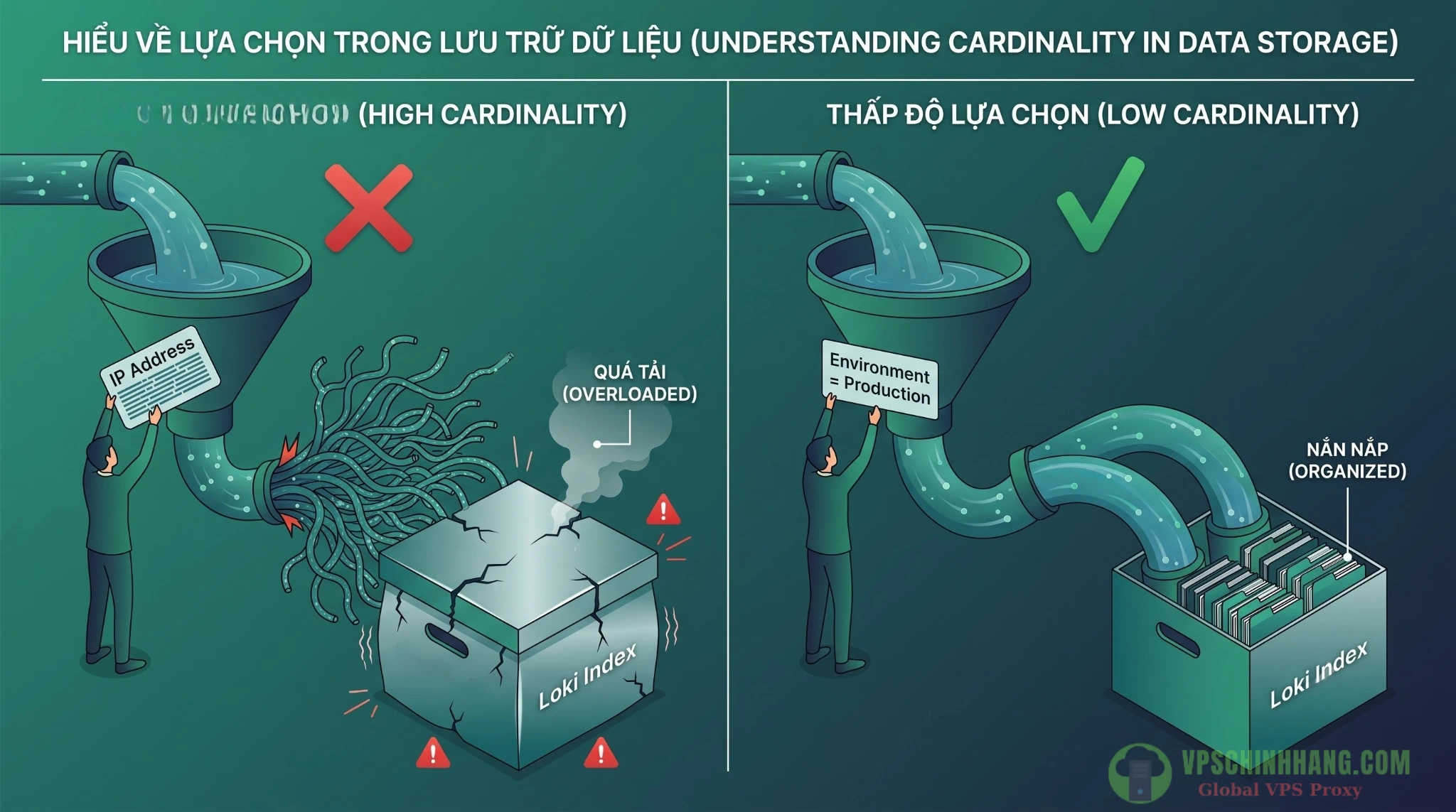 Minh họa hiện tượng nổ Cardinality trong Grafana Loki khi gán nhãn sai cách và cách tối ưu.
