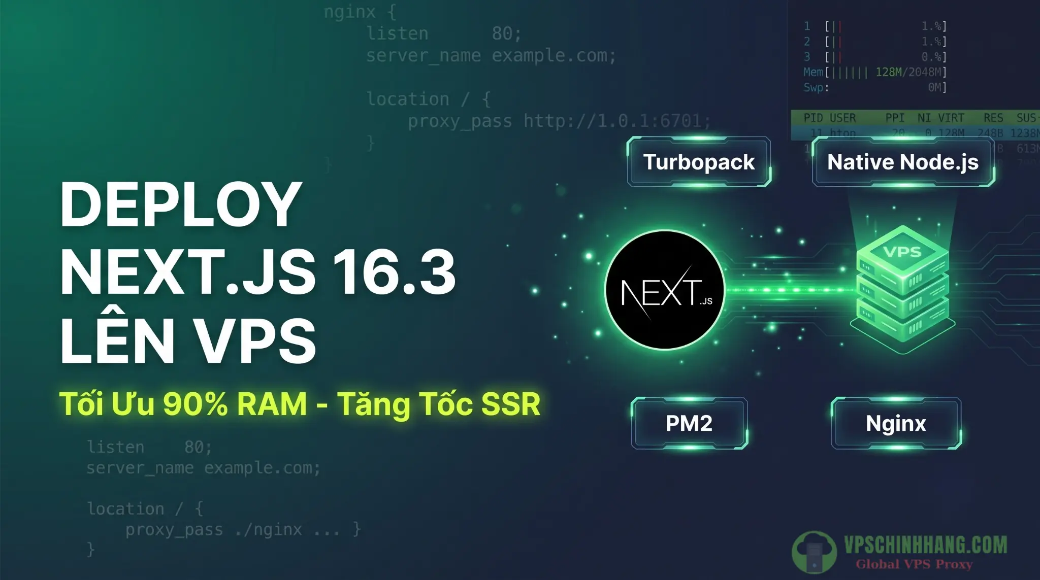 Hướng dẫn chi tiết cách deploy Next.js 16.3 lên VPS, tập trung vào kỹ thuật giảm thiểu bộ nhớ RAM và cấu hình tăng tốc SSR.