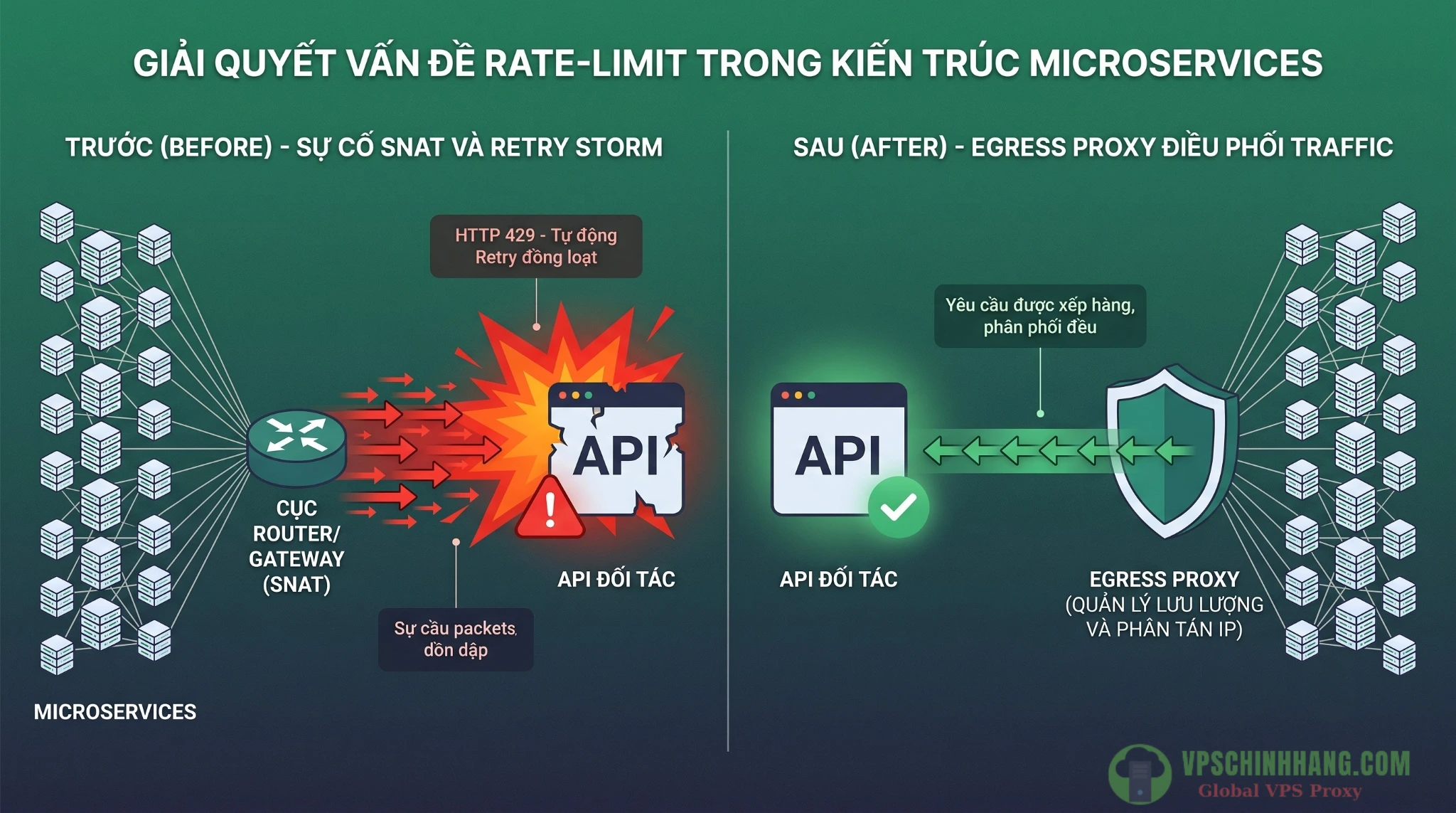 Sơ đồ kiến trúc Egress Proxy điều tiết luồng API request từ microservices để tránh lỗi HTTP 429