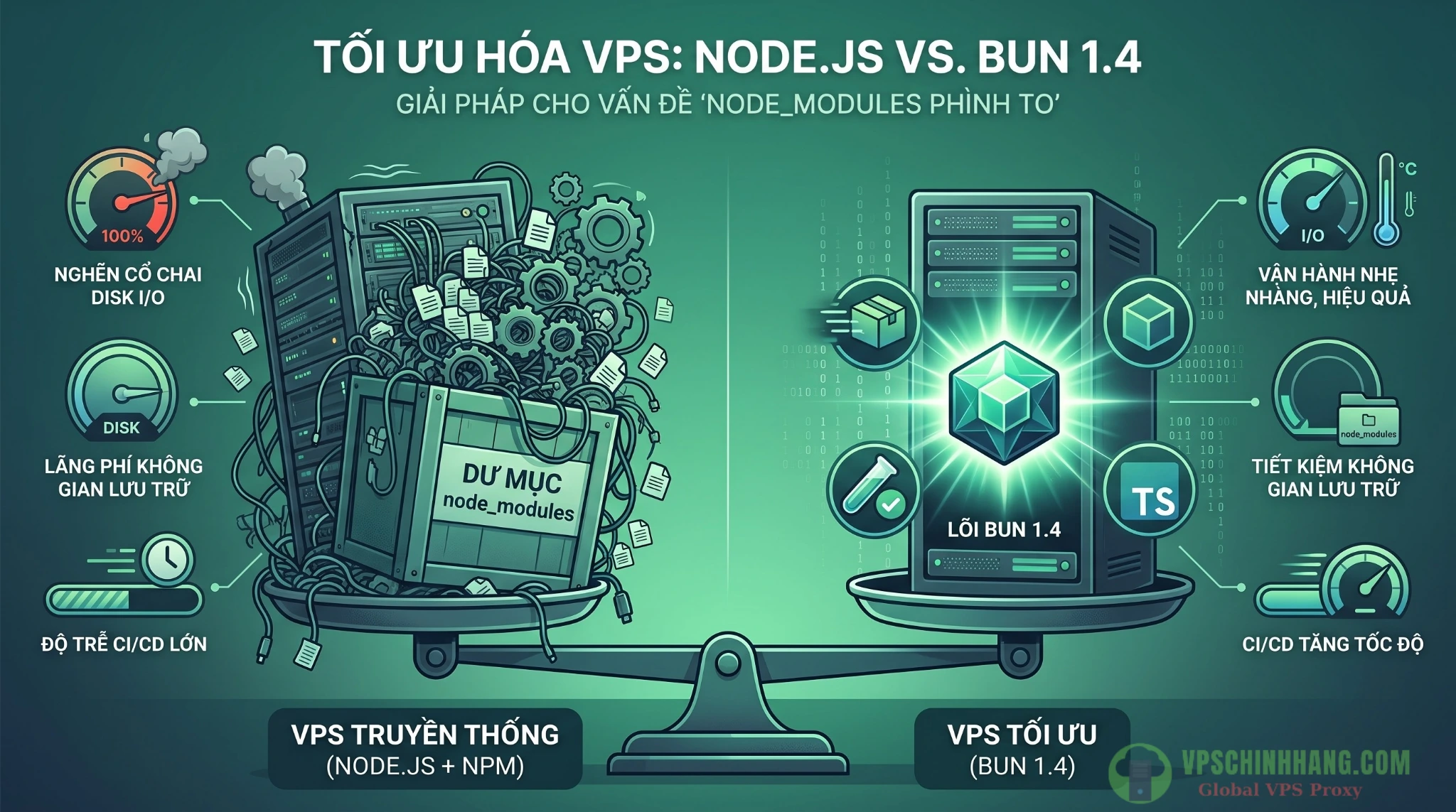 So sánh kiến trúc thư mục node_modules truyền thống và bộ API tích hợp của Bun 1.4 trên VPS.