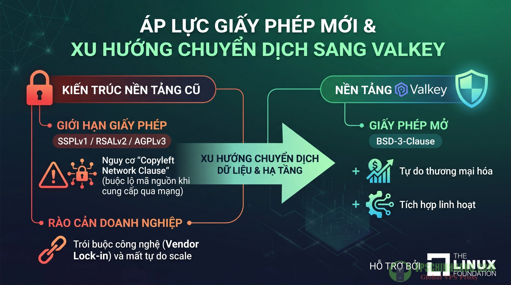 Infographic so sánh khác biệt giấy phép mã nguồn mở giữa Redis và Valkey tác động đến hệ thống backend