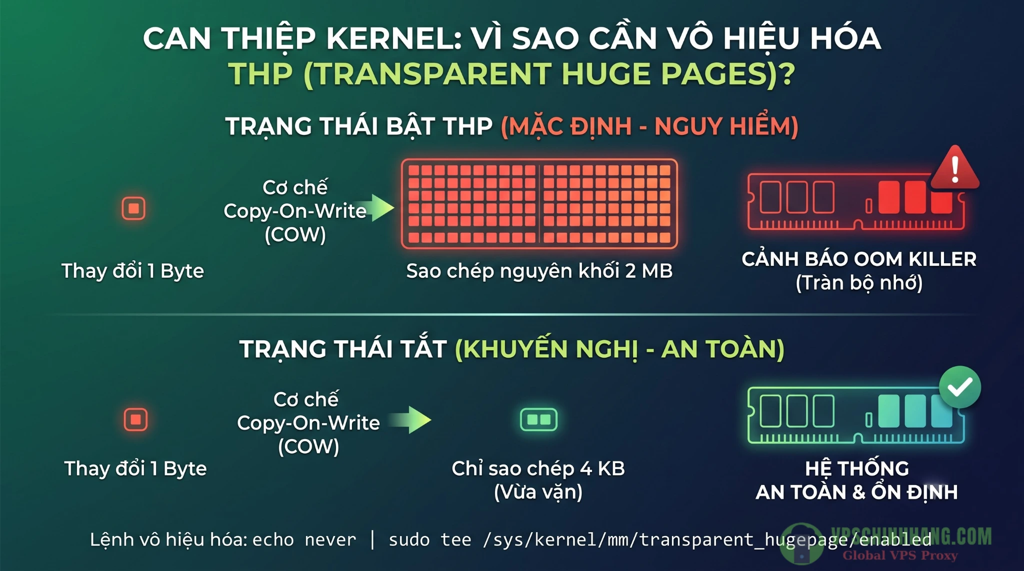 Infographic cơ chế Copy On Write và tác động của Transparent Huge Pages đến dung lượng RAM